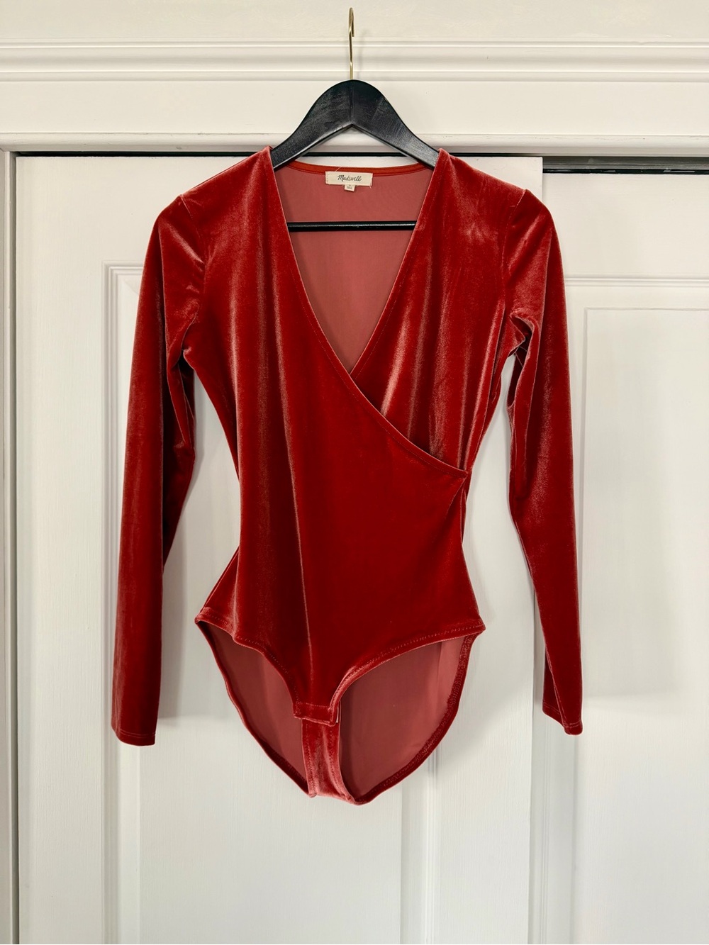Madewell Crimson Red Velvet Wrap-Front Long Sleeve Bodysuit